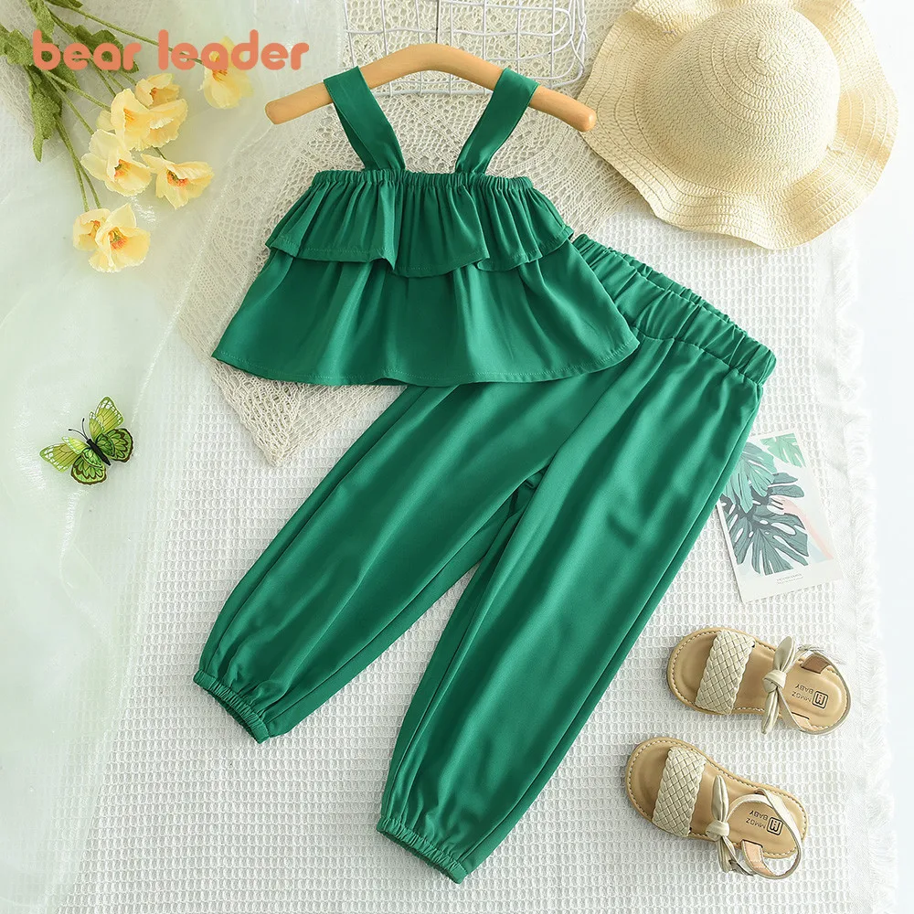 Bear Leader Solid Color Suspender T-shirt Top + Pants Two-piece Sets 3-7 Years Old Summer Green Ruffle Edge Sling Kids Clothes