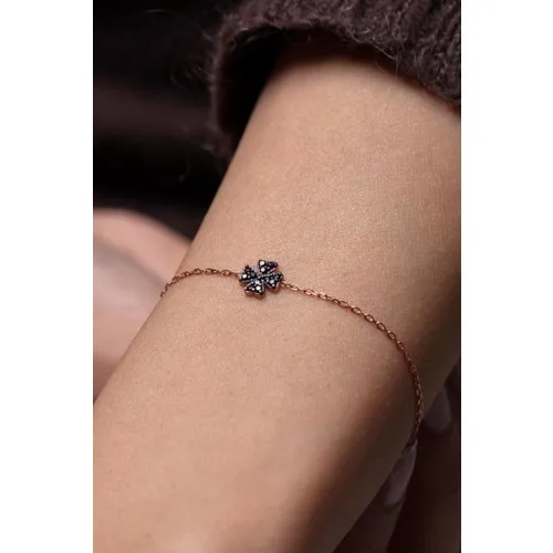 Nineveh Silver Black Zircon Gemstone Clover Pattern Silver Bracelet