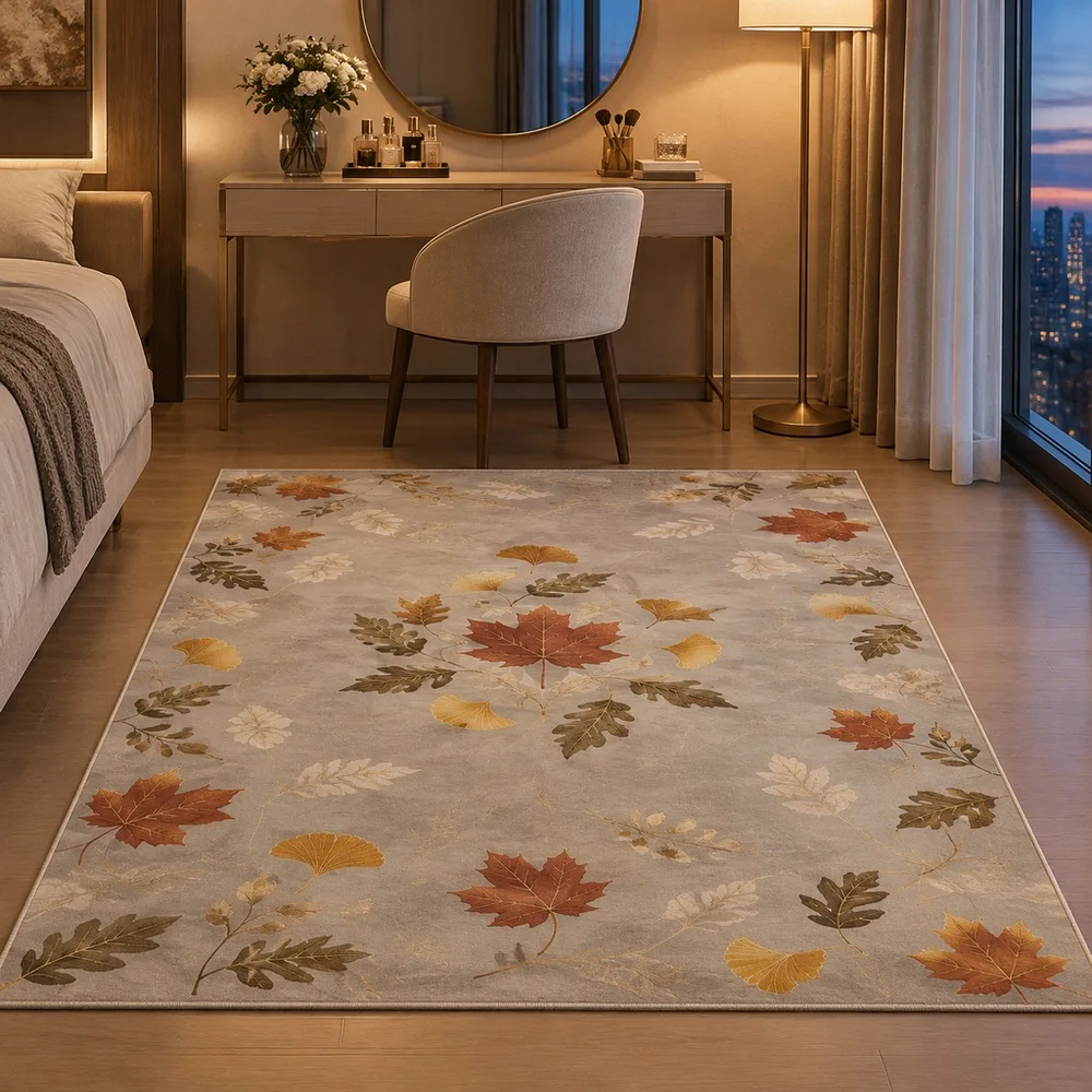 VIKAMA Area Rug Warm Grey Maple Ginkgo Oak Leaf Scatter Plush Anti Slip Front Door Window Seat Coffee Table Home Decoration