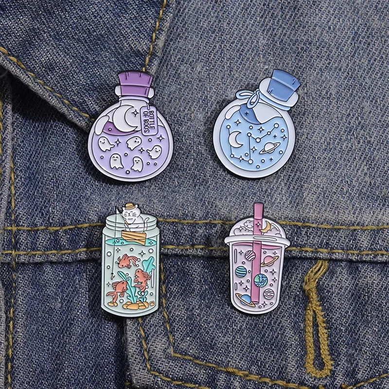 Esmalte Mochila Lapela Emblemas, Custom Kitten Pins De Pesca, Planeta Fantasma, Leite Chá Garrafa Broches, Presente para Amigos, 4Pcs por Conjunto