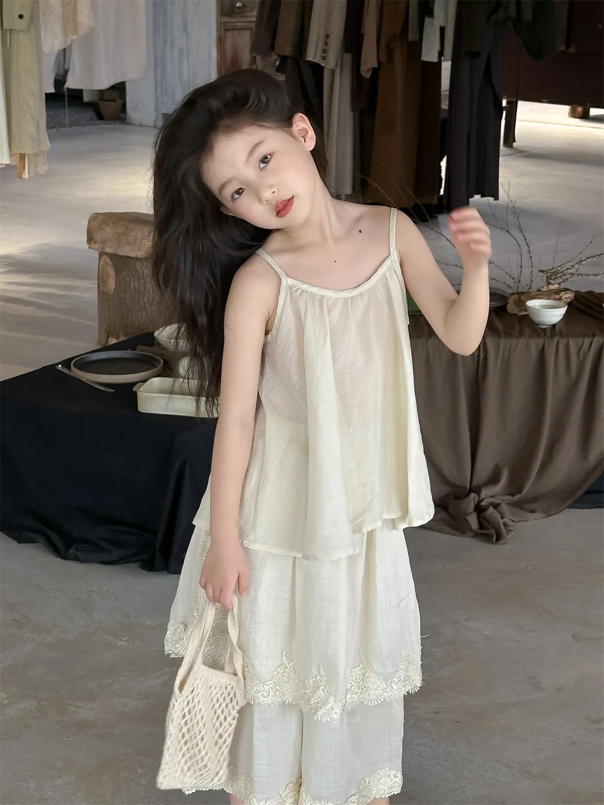 

Childrens Sets Girls New Summer Gentle Sling Tops Two Piece Vest Skirt Fashion Sweet Loose 2024 Solid Lovely Korean