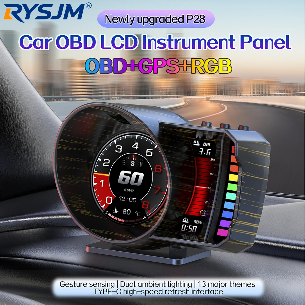 P28 HUD Head Up Display OBD2+GPS Car Speedometer RGB Turbo RPM Water Temp Voltage Fuel Consumption Gauge Overspeed Alarm