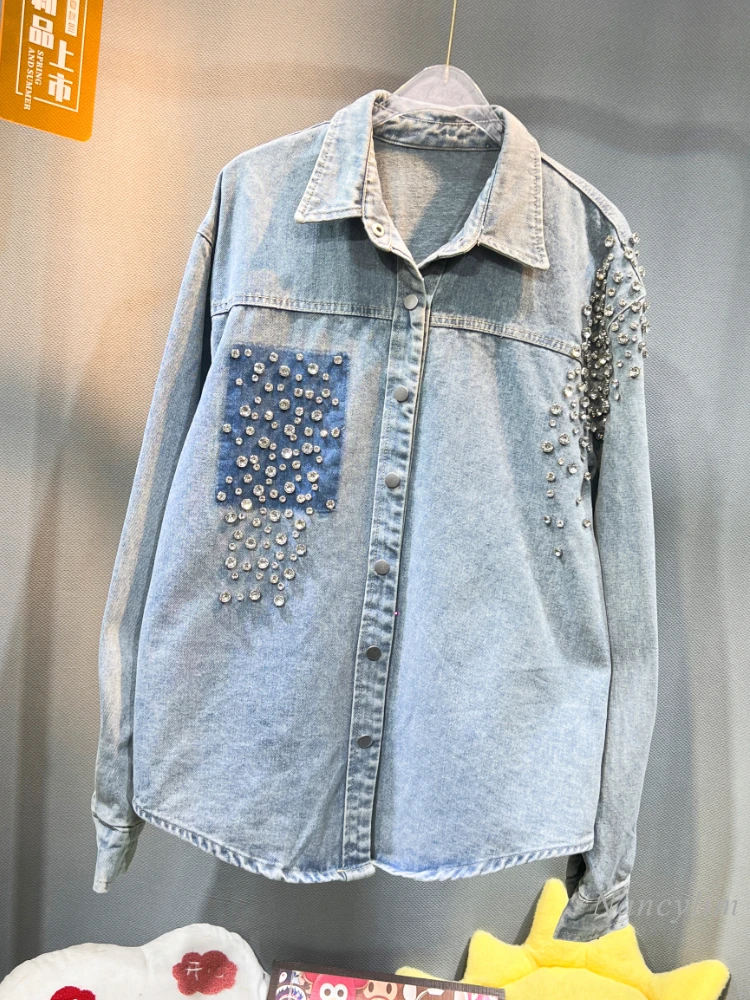 

Autumn Fashion Heavy Industry Washed Loose Denim Shirt Light Luxury Diamond-Embedded High-Grade Design Jean Blouse Buttons Tops