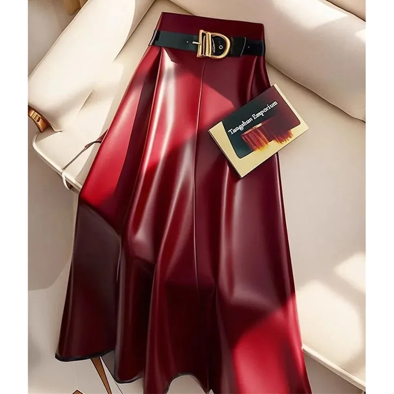 Autumn Winter Skirt Women 2024 New Plus-Size PU Leather Skirt Female Fashion Long Pleated Wine Red A-Line Skirts