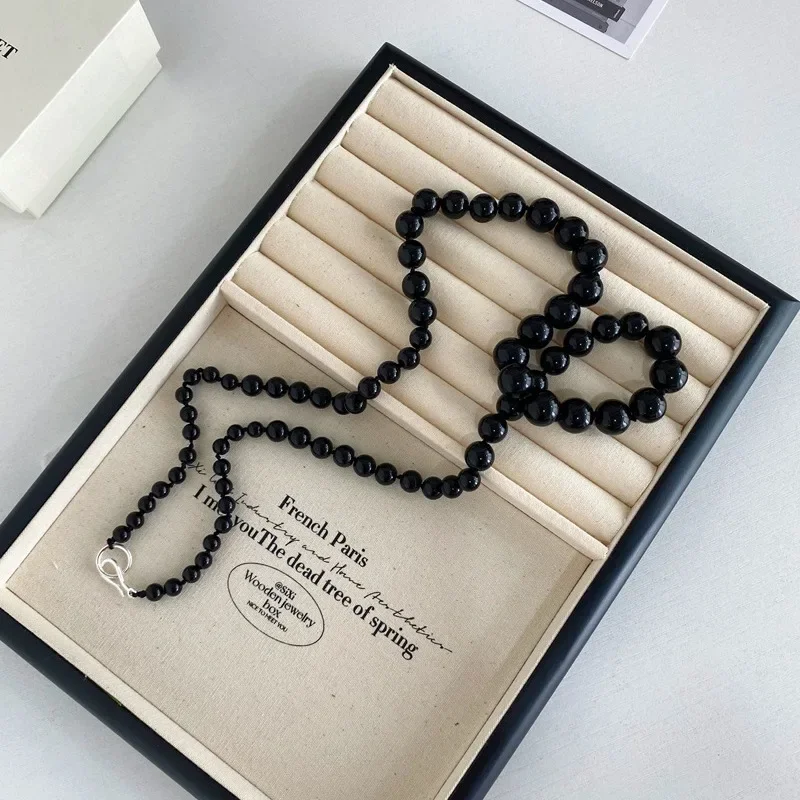 

New Fashion Black Agate Beaded Long Necklace Women's Black Beads Sweater Chain Elegant Intellectual Neck Accessories Temperament