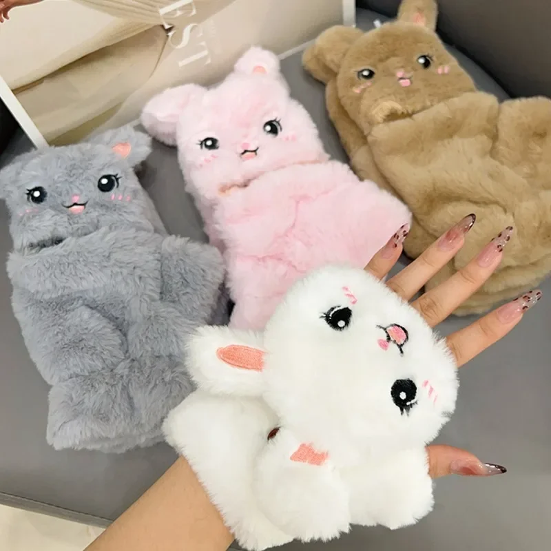 Cute Flip Fingerless Gloves Women Fluffy Short Plush Winter Thicken Warm Rabbit Cartoon Half Finger Gloves Girls Short Mittens