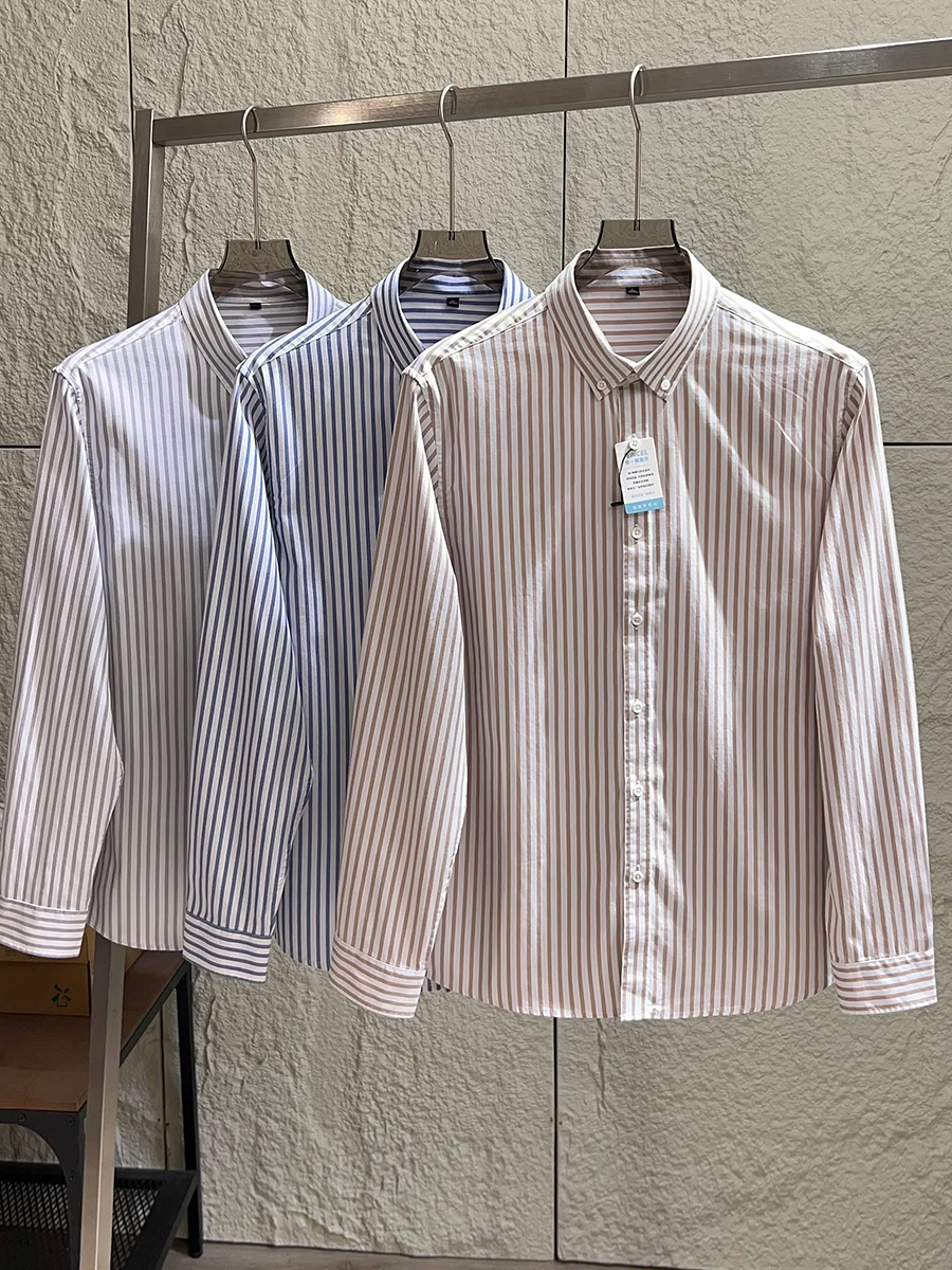 

Classic Long Sleeve Men's Shirt Lenzing Lyocell Cotton Blend Spring Fashionable Versatile Striped Casual Style Standard Fit