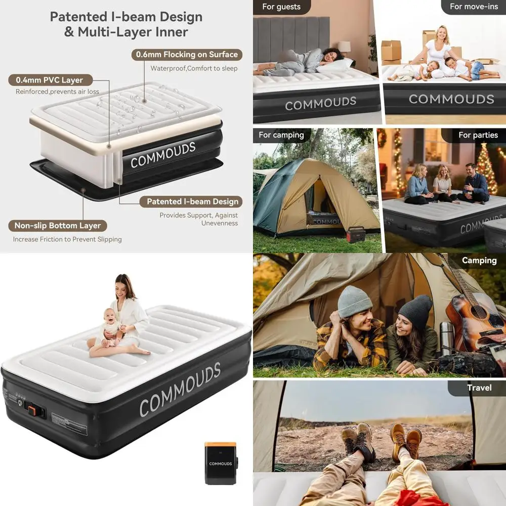 

Портативная 18-высокая двуспальная надувная кровать со встроенным аккумуляторным насосом для кемпинга, дома и гостей