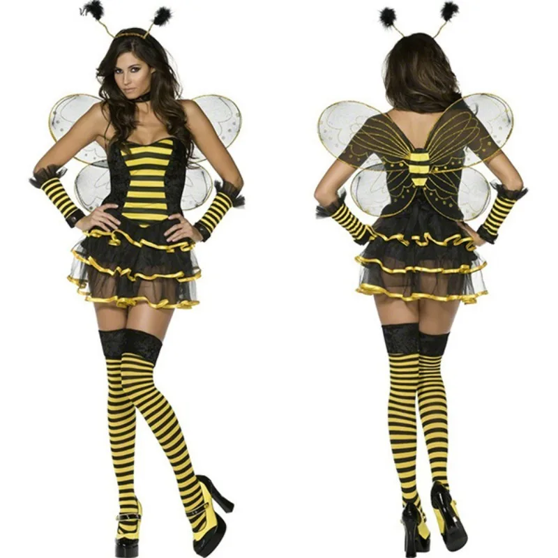 

Adult Halloween Sexy Bee Ladybug Corset Dress Cosplay Costume Insect Mini Tutu Party Outfit with Wings Masquerade Fancy Dress