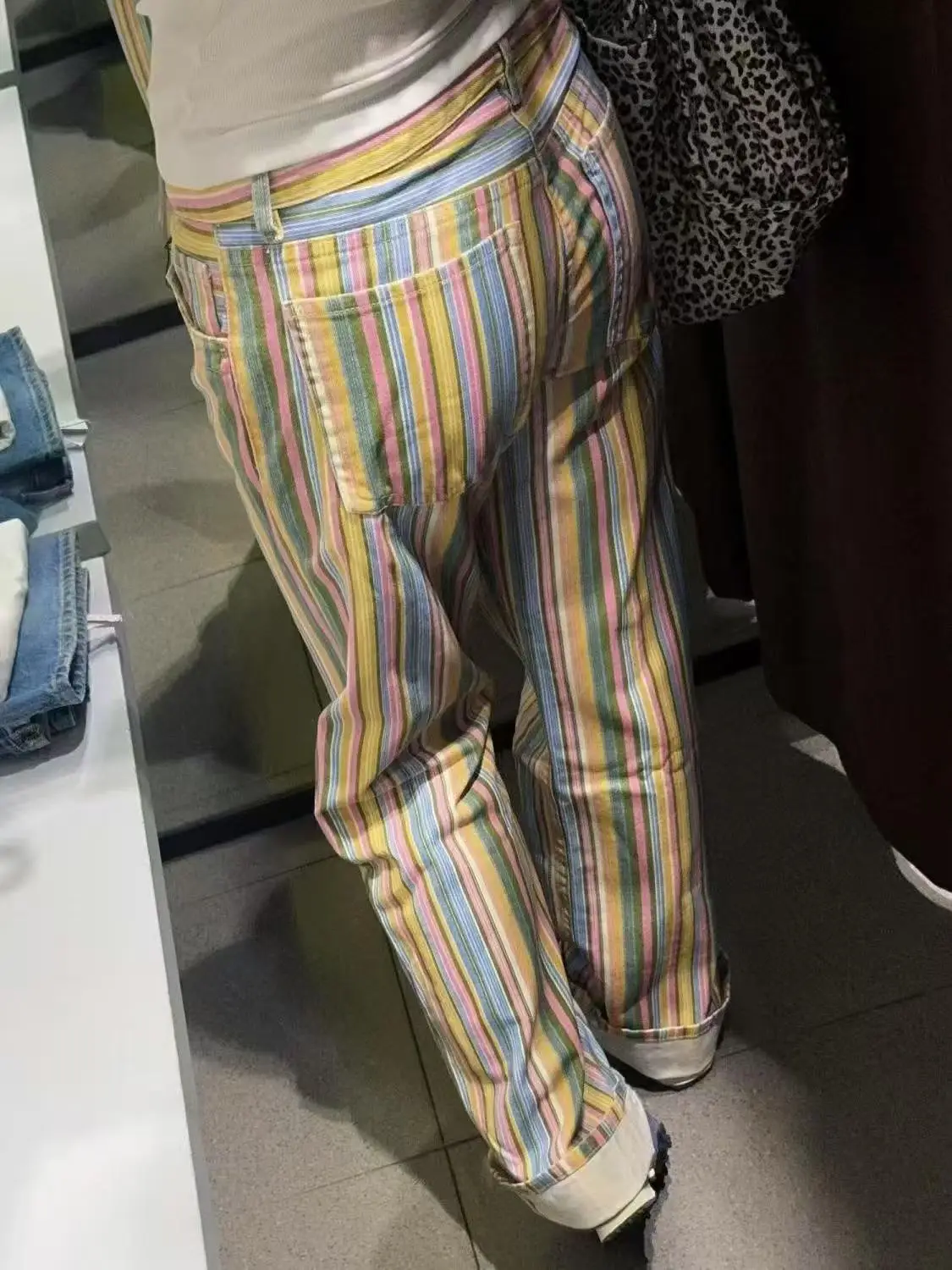 Women's Jean Contrast Color Striped Straight Low Rise Denim Pants Y2K Japanese Harajuku American Retro High Street Long Trousers
