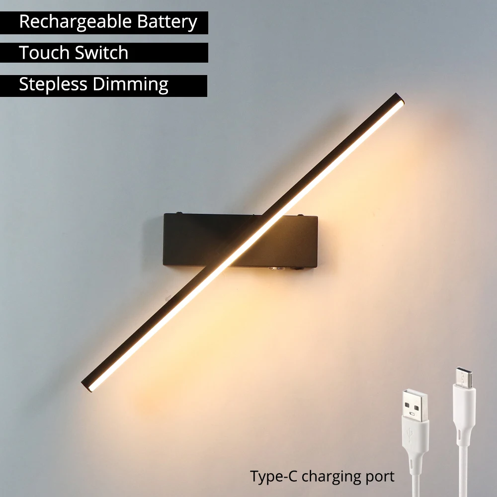 Rechargeable Battery LED Wall Light With Touch Switch Dimming Bedroom Bedside Wall Lamp Aluminum Iron Type-C DC5V Night Light