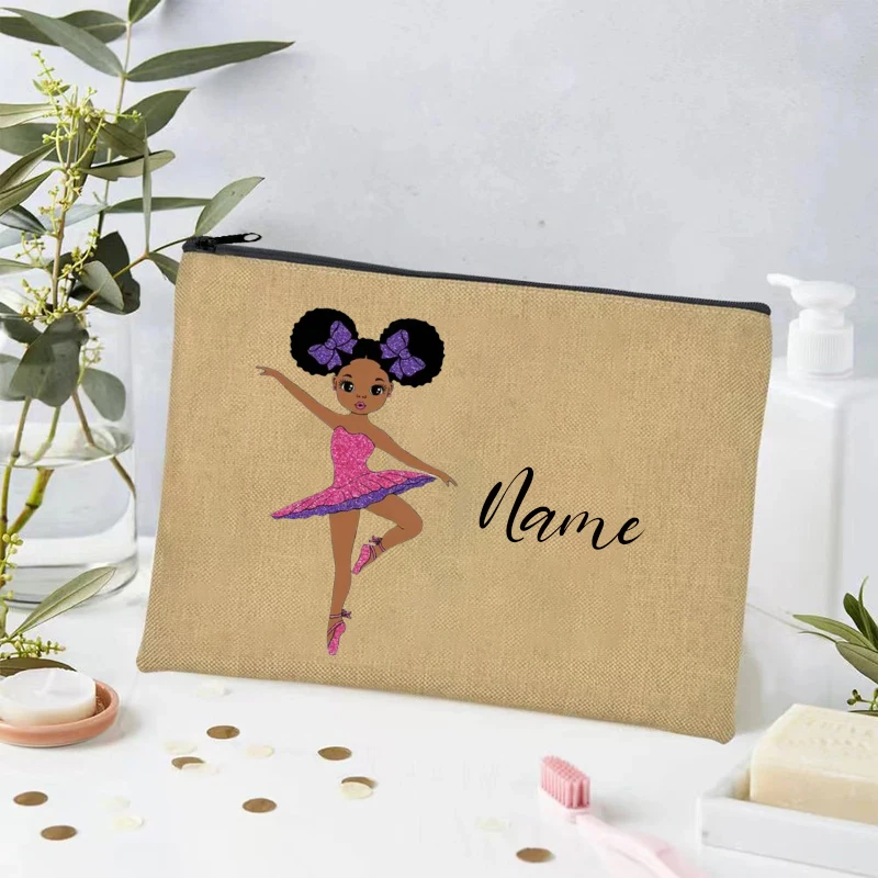 Ballet Girl Customized Name Linen Cosmetic Bag Organizer Sundries Storage Zipper Pouch Office Supplies Pencil Case Side Bag Gift