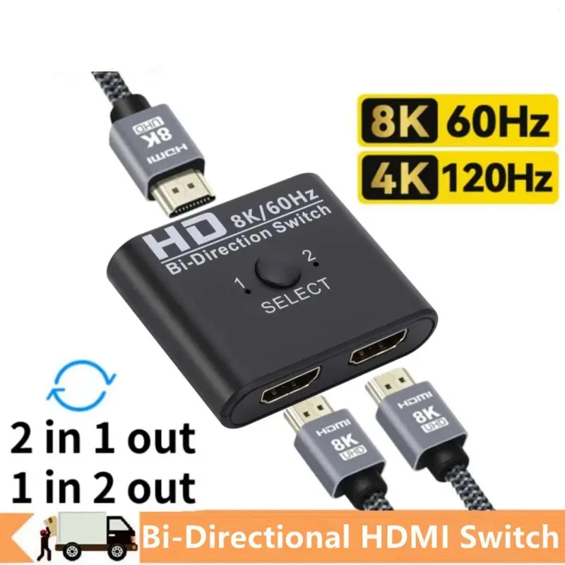 8K 60Hz HDMI-Compatible Switch Splitter Bi-Direction 1x2/2x1 HDMI-compatible Switcher 2 in1 Out for PS4 TV Box Switcher Adapter