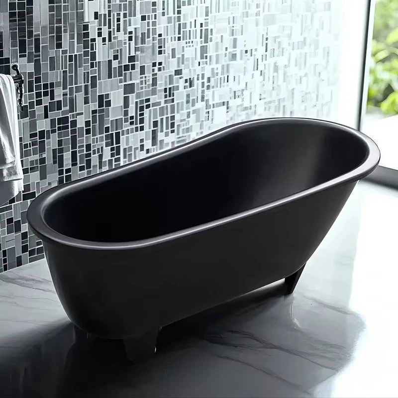 

2025 Modern deep immersion oval bathtub single center drainage gloss white adult acrylic freestanding bathtub solid surface