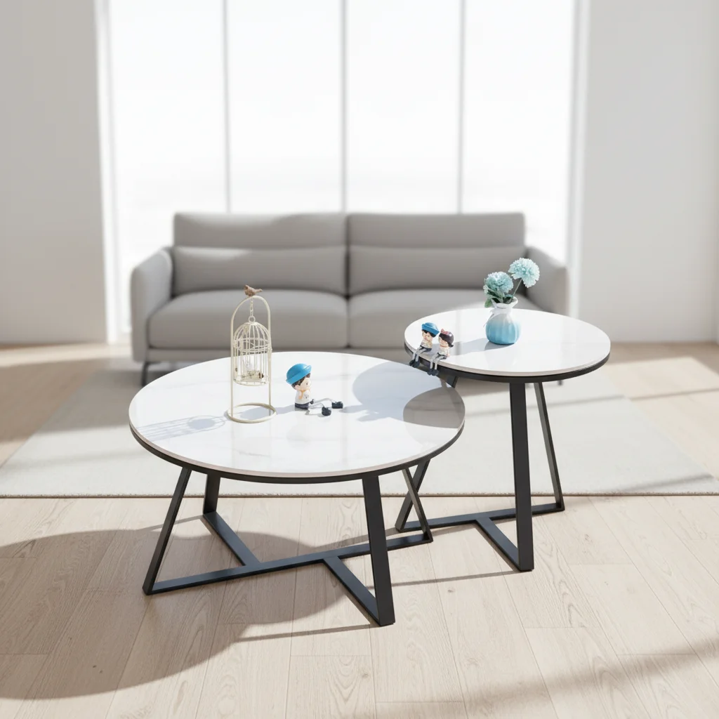 # Modern Durable White Living Room Furniture Set 2 High Low Coffee Tables Stainless Steel Legs; Easy Clean Stone Slab Coffee Tab