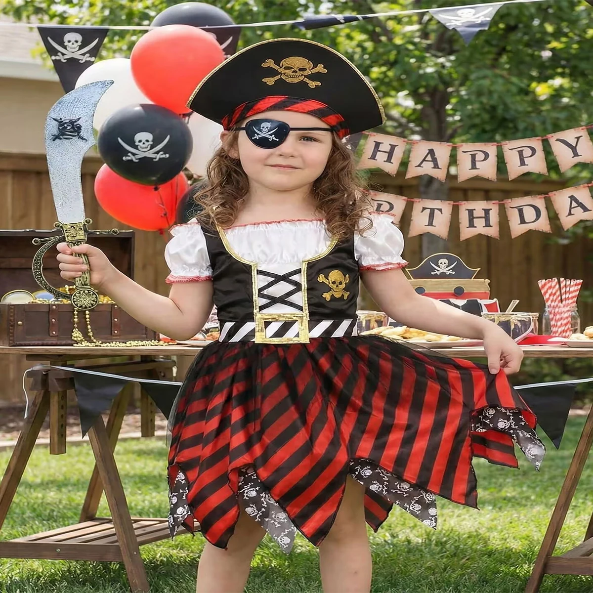 Girls Pirate Costume Dress Set with Hat Eye Patch Gold Coins Sword, Kids Halloween Carnival Party Fancy Outfit view 6