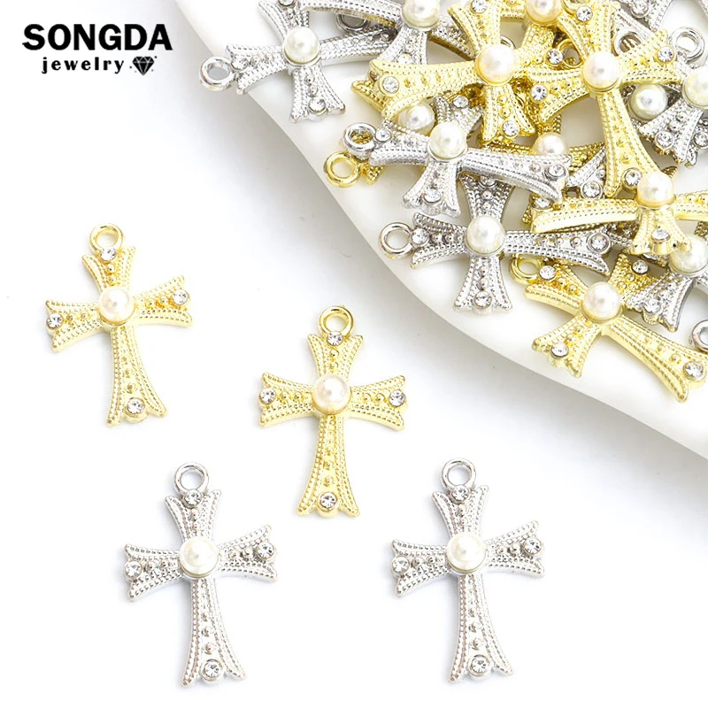 10pcs Trendy Cross Rhinestones Pearl Charms 2 Colors Metal Crystals Crucifix Pendant for DIY Handmade Catholic Christian Jewelry