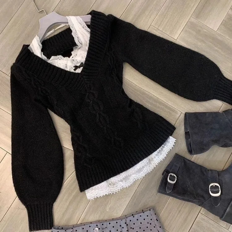 Fashion Simple V-neck Black Slim Waist Sweaters Mujer 2024 Autumn New Lace Tops Women Y2k Long Sleeve Knitted Pullover