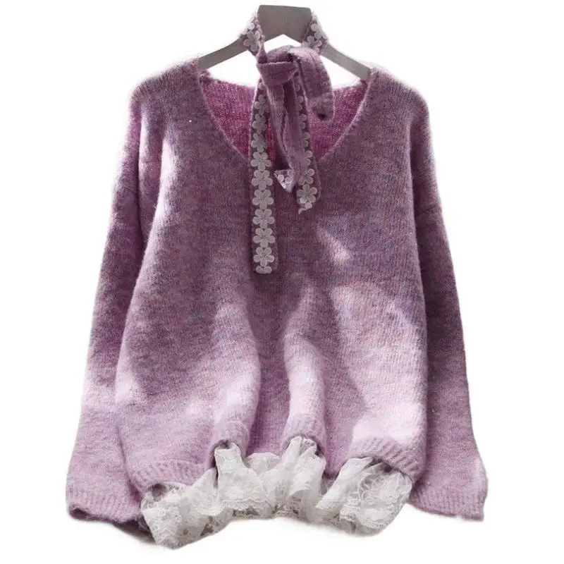 

Girl V-Neck Base Layer Lace Hood Sweater Loose Outerwear Autumn New Model Fashion Purple; Knit Tops Dopamine Hot Wholesale New