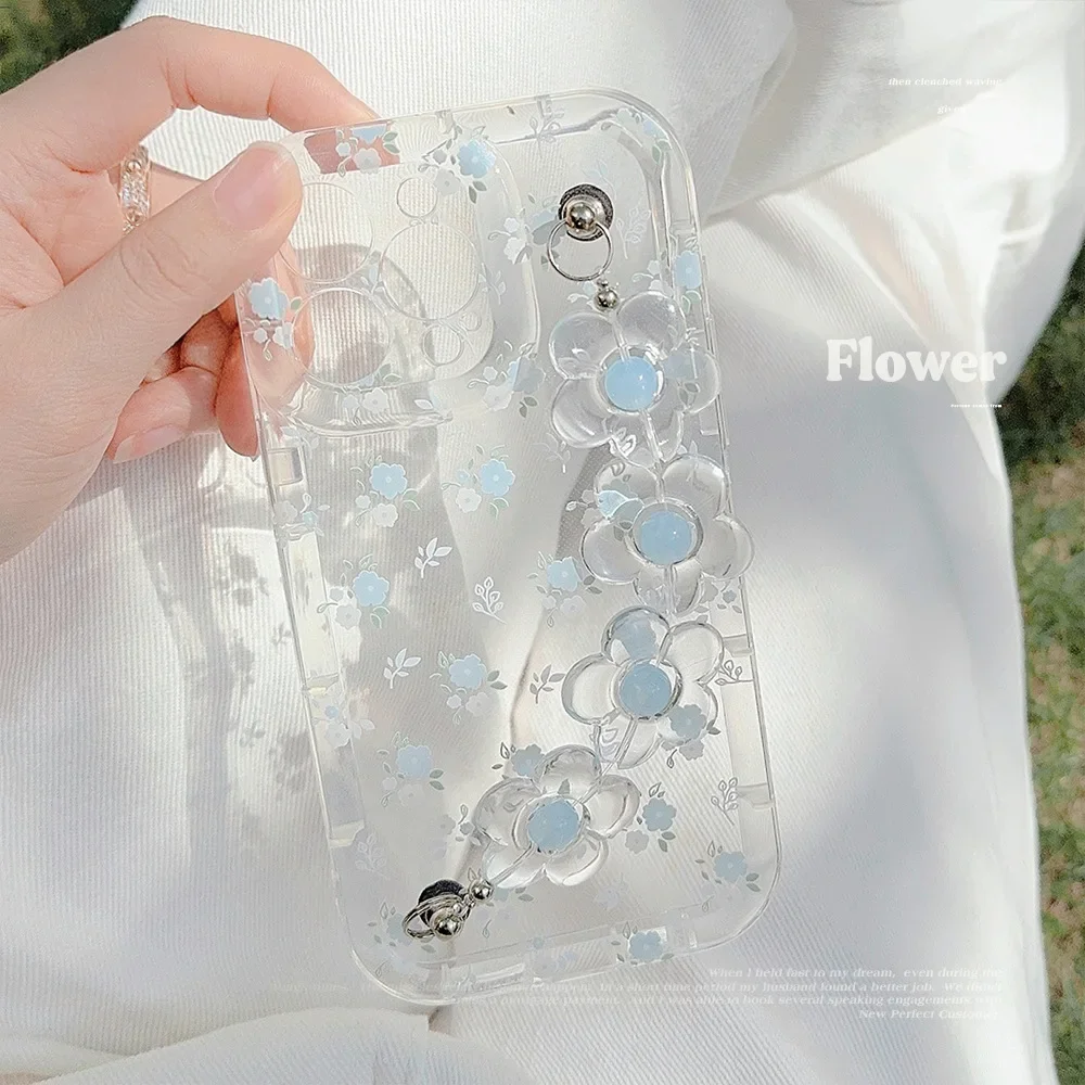 

Summer Little Fresh Blue Floral For iPhone 16 15 14promax phone case applicable For iPhone 13 12pro 11 Transparent lanyard