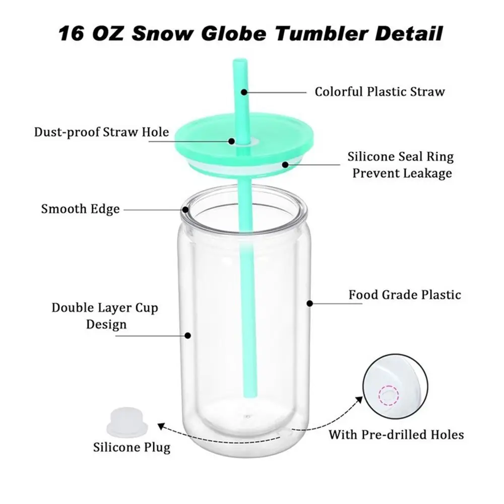 Creative 16oz Capacity Mason Jar Cups Reusable Break-Resistant Water Bottles Double Layers Snow Globe Tumbler Holiday Gifts