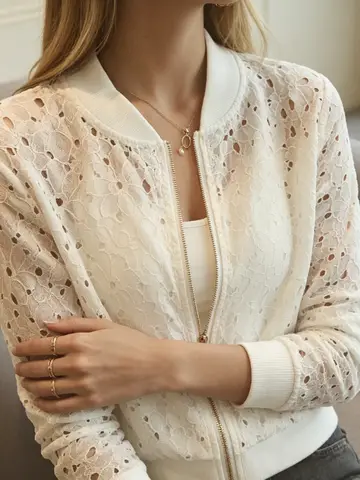 New Fall Women Floral Lace Bomber Jacket, Ribbed Baseball Collar Zip‑Up Long‑Sleeve Sheer Hollow‑Out Cropped Casual Outerwear
