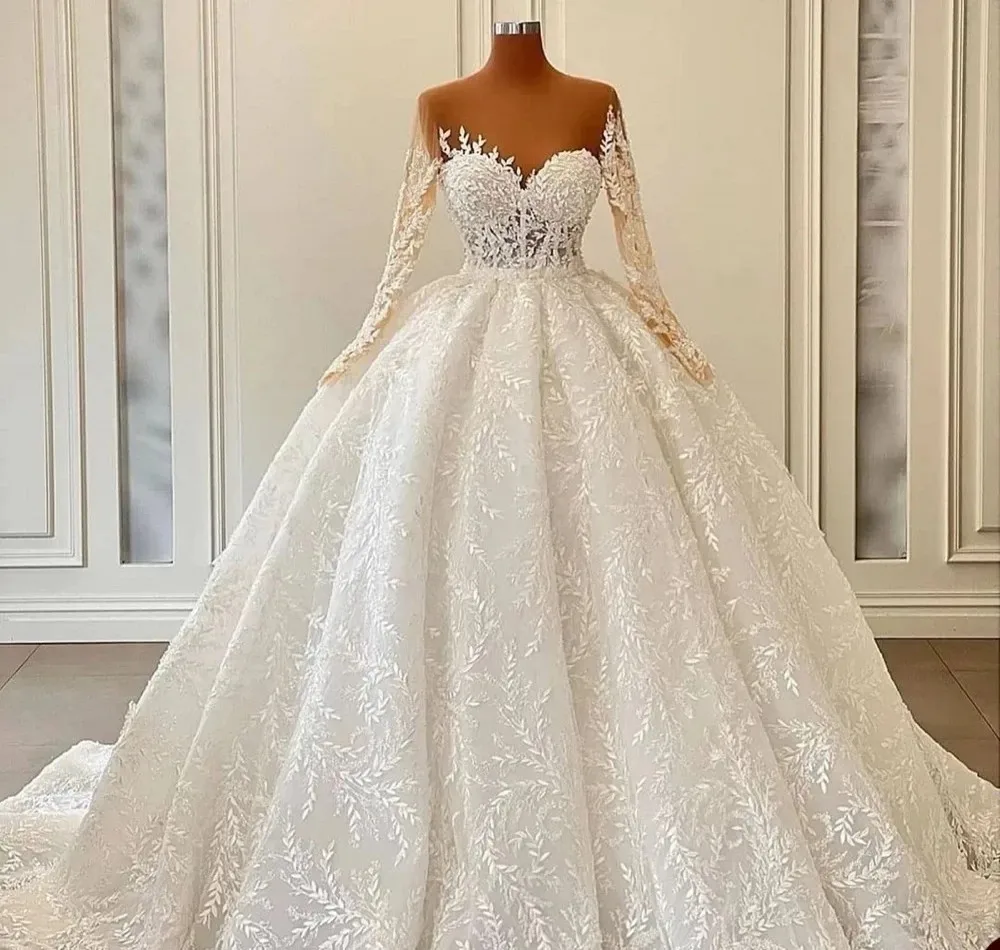 

Luxury Arabic Wedding Dress 2026 Sheer Sweetheart Appliques Lace Long Sleeves Tulle Bridal Bride Gown Vestido de Noiva