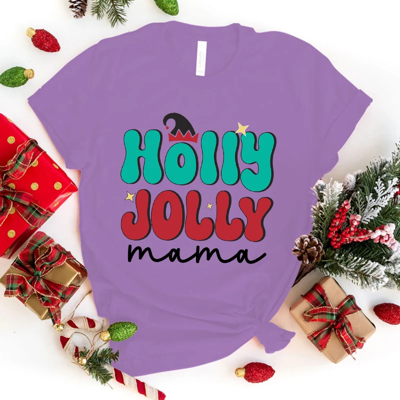 Unisex Short Sleeve Christmas Have A Holly Jolly Mama Print T Shirts Women Causal Harajuku Tops Funny T Shirt(Premium T-shirt)