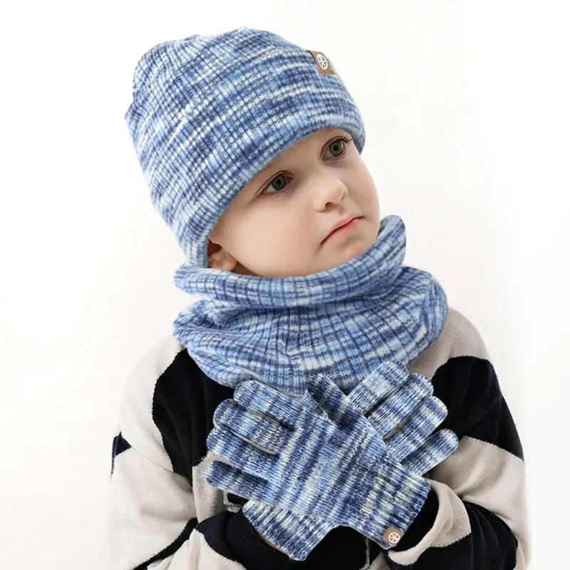 3pcs set Children Beanies snood gloves knit striped Kids hats Scarf double layers Winter Hat Snood Gloves Set for Girl Boy 2-8Y