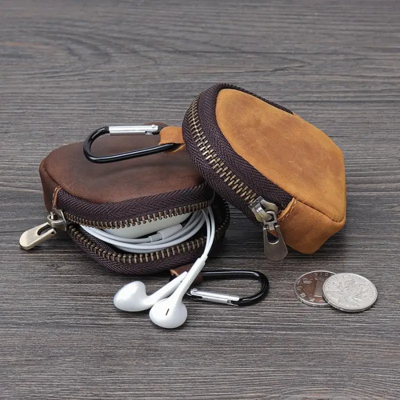 Retro PU Leather Zipper Pouch Coin Earphone Small Accessory Organizer Retro Detail Fashionable Storage Pouch