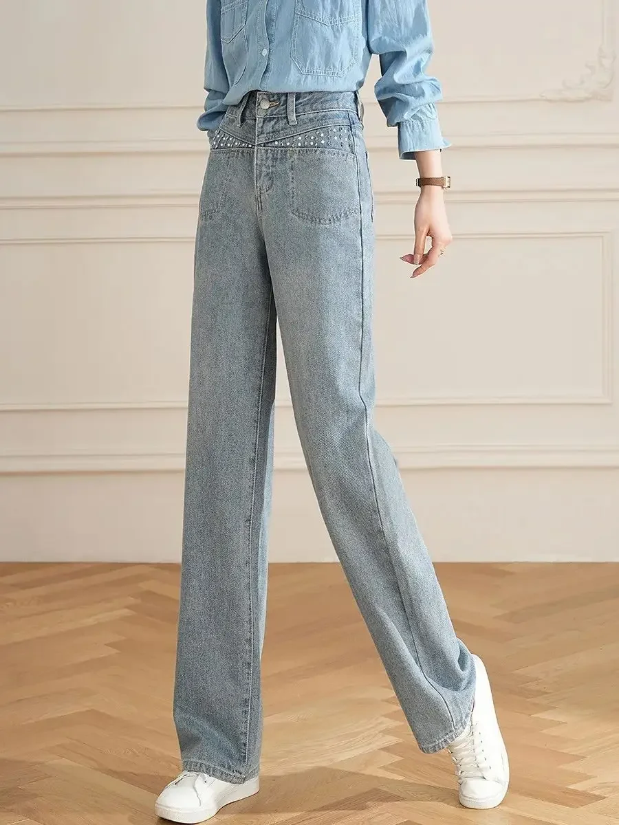 LOUIS YAO Women Jeans Fashionable Washed Jeans for Women 2025 Summer Beaded High-Waisted Pants Loose Fit Straight Jeans Vintage