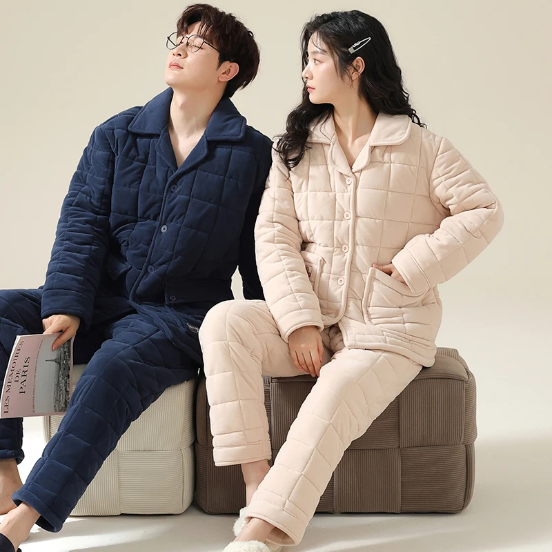 Couple Pajamas Set Men Women Turn-down Collar Pyjamas Male Female 3 Layer Clip Cotton Home Suit