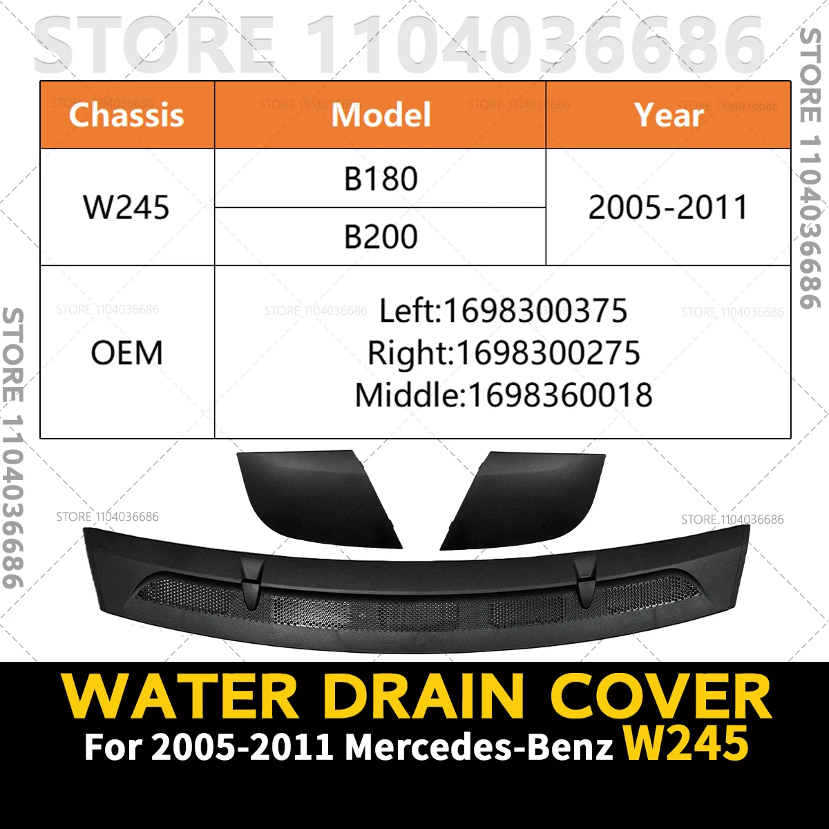 For 2005-2011 W245 Mercedes Benz B Class B180 B200 Front Water Drain Cover Hood Grille Drain 1698300275 1698300375 1698360018