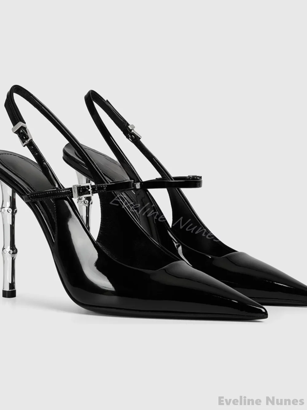 Bamboo Heel Shallow Pumps Women Black Patent Leather Pointed Toe One Word Belt Back Strap High Heel 2025 Summer New Sexy Sandals