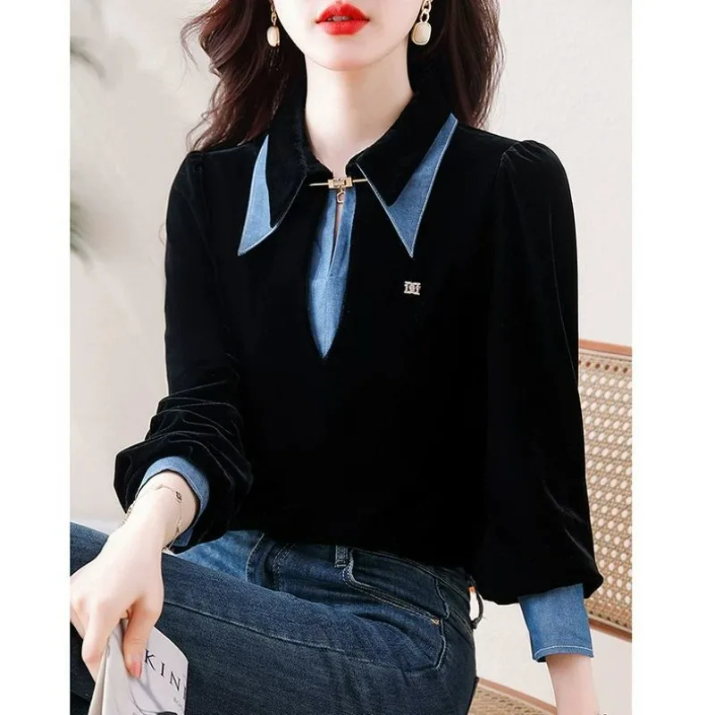 Camisa vaquera de dos piezas falsa de retales para mujer, moda coreana, blusa elegante Vintage de terciopelo dorado, Tops ajustados de manga larga para ir al trabajo