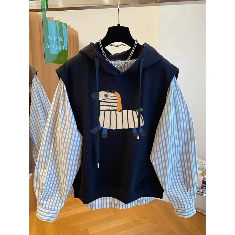 Stylish Design Spliced   striped Shirt Fake Two-piece Hooded Sweatshirt Women's Autumn Loose and Versatile Top