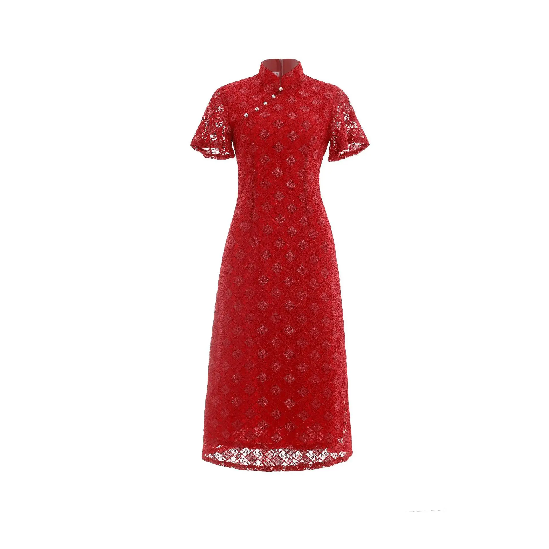 

Red Chinese National Fashion Lace Cheongsam Vintage Plus Size Female Women Long Dress Lining Qipao M To 4XL