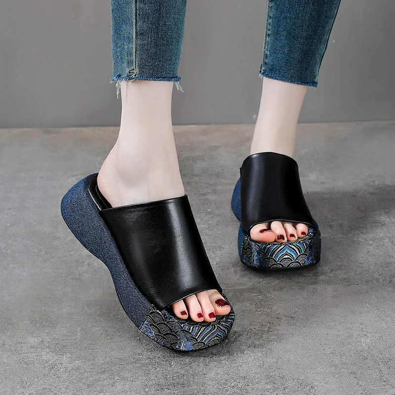 Koznoy 4.5cm Cow Genuine Leather  Platform Wedge Sandals Ladies Summer Comfy Ethnic Women Slippers Embroidery Silk Fashion Shoes