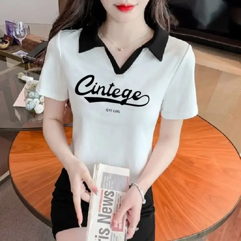 Summer Pullover Women's Clothing Short Sleeve Polo Tee Turn-down Collar Vintage Letter Printed Casual Fashion Sexy Crop Tops