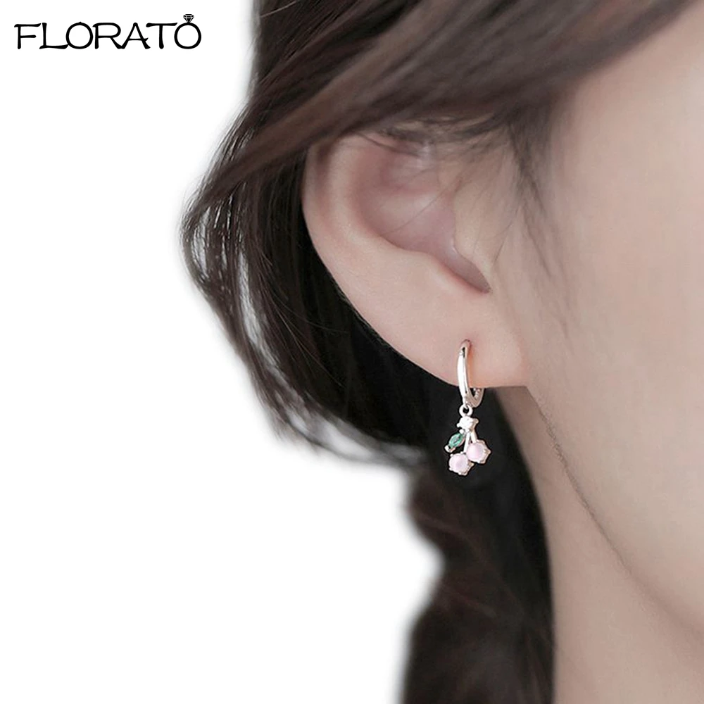 

925 Sterling Silver Ear Buckle Earrings Cute Crystal Pink Cherry Hoop Earrings Sweet Women Girl Student Fruit Earrings Gift