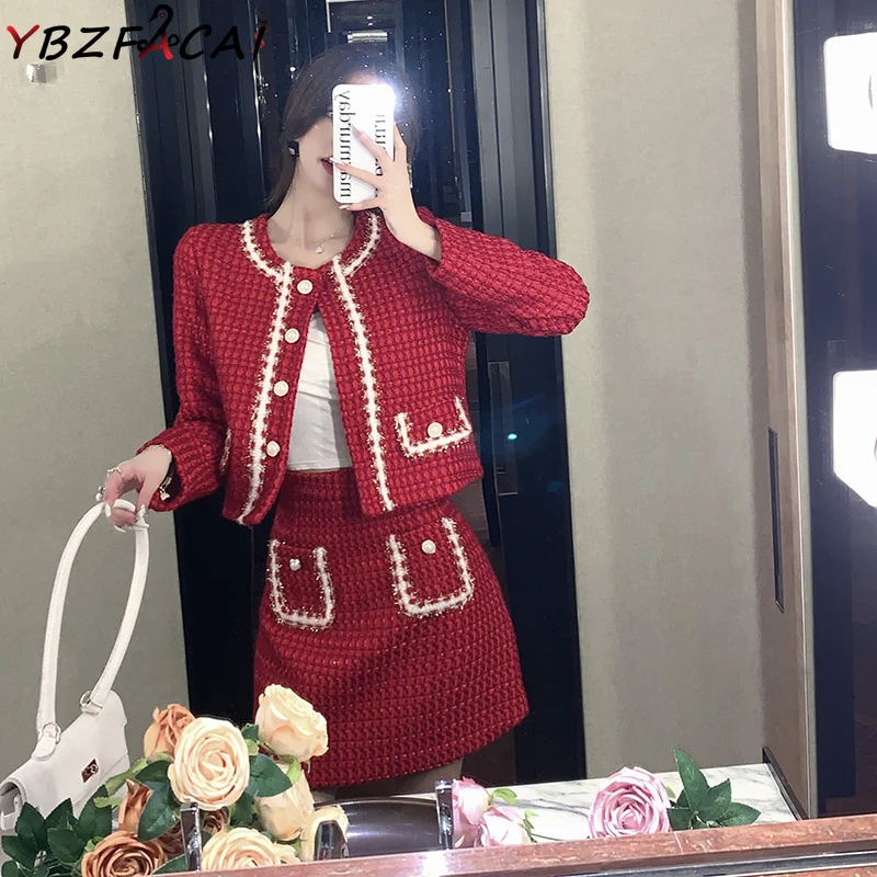 2022 Red Check Tweed Set Women Fall Winter Luxury O Neck Long Sleeve Tweed Jacket + High Waist Skirt Two Piece Pearl Fringe Coat