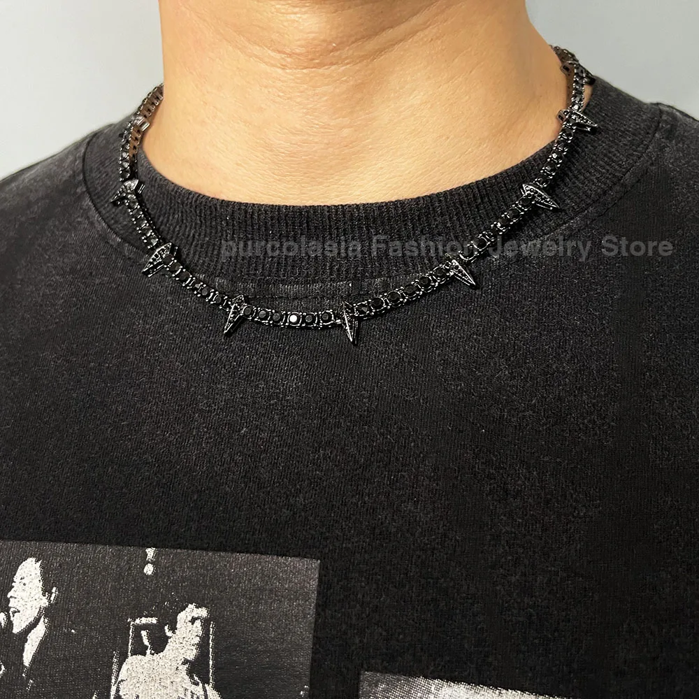 Black Panther Tennis Chain Rhinestones Hip Hop Iced Out for Men or Women CZ Necklace Rock Rivet  Jewelry