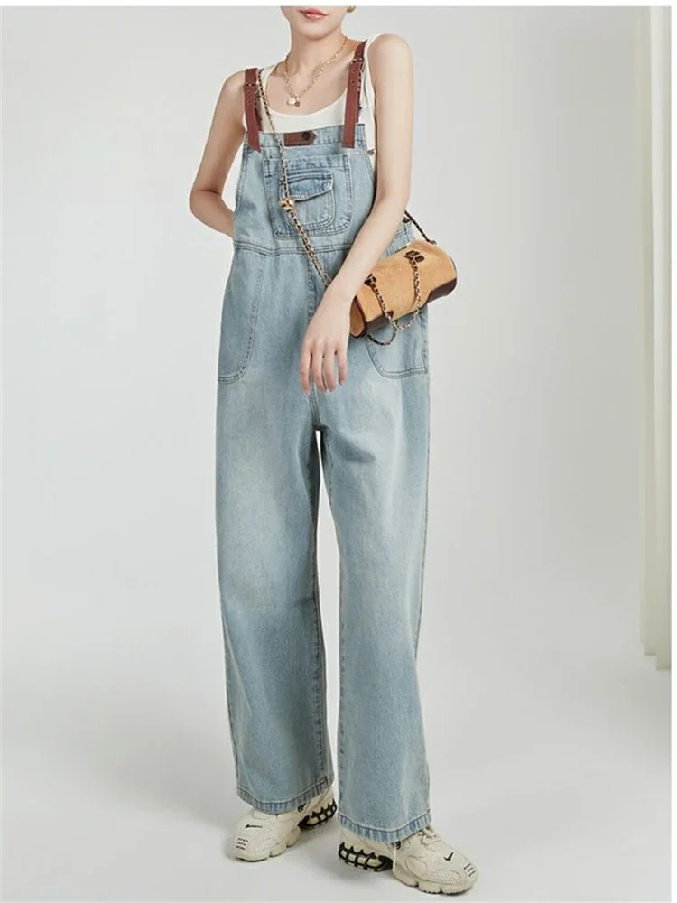 

Women's Academy Style Blue Denim Rompers Girl Suspender Jumpsuits Pant Casual Female Jeans Streetwear Overalls Straight Trousers