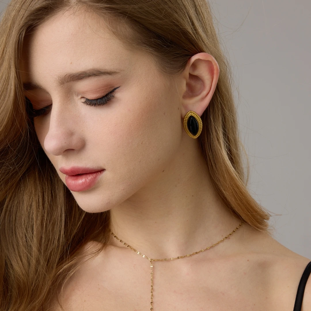St-Delan Stainless Steel 18K Gold Plated Black Stone Earrings Statement Golden Metal for Women Bijoux Femme Gala Giftсерьг
