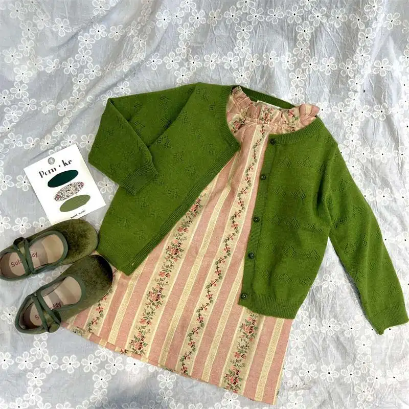 2026 Spring New Cherry Green Cardigan or Kids Grey Sweater Cherry Knitted Shirt Baby Air Conditioning Shirt