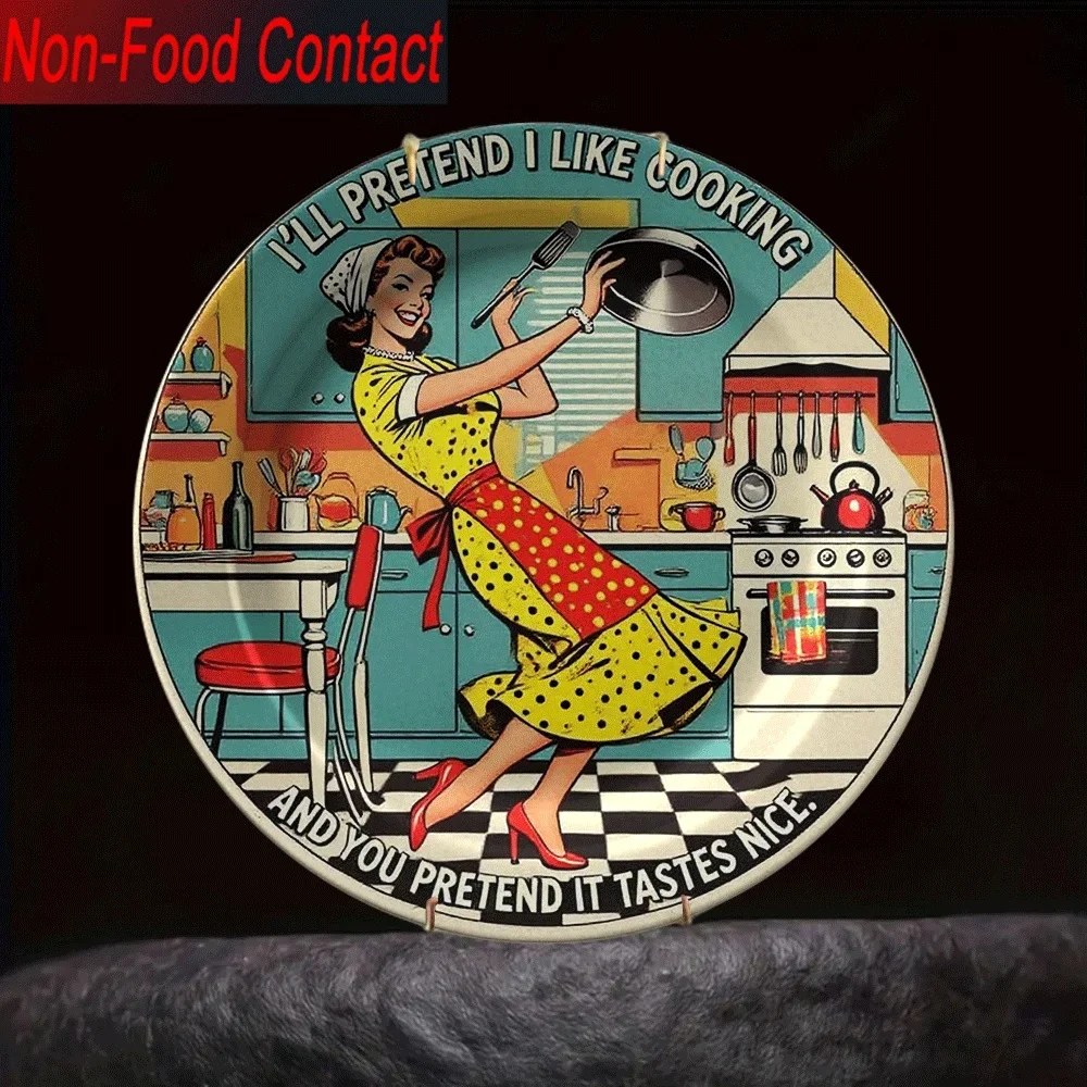 2D Flat, 1pc Vintage Kitchen Ceramic Decorative Plate - Non-Food Contact, Retro 1950s Housewife Design with 