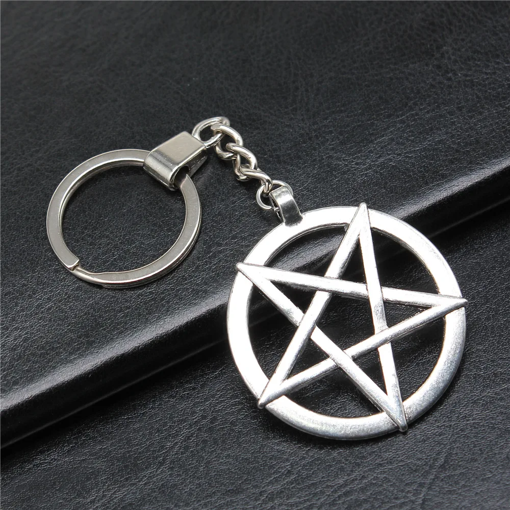 Men Jewelry Gift Vintage Antique Silver Color 51x44mm Inverted Pentagram Star Pendants Keychain Keyring Holder