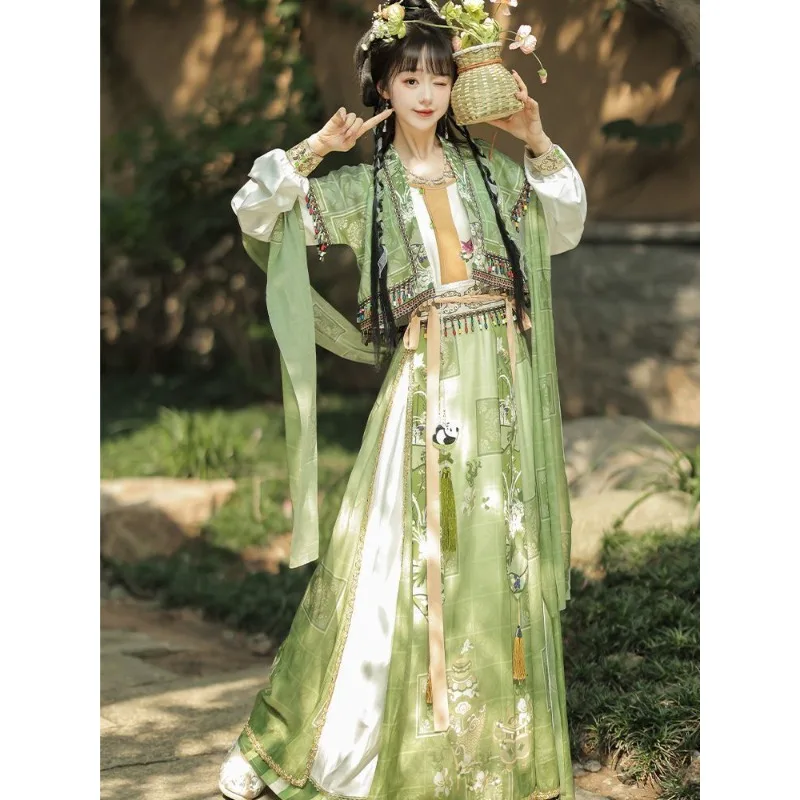 

Summer Autumn Tang Dynasty Panda Hanfu Dress Suit Green Top Tassel Vest Skirt Female Cute Dresses Birthday Graduation Gifts