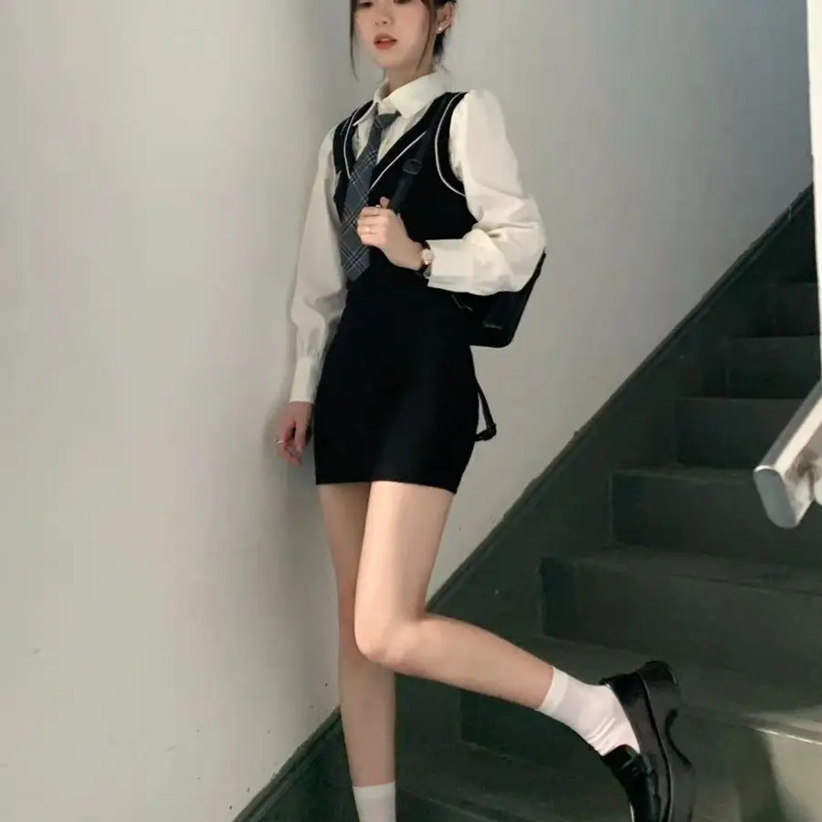 Two New Two-piece Dress Women Casual Long Sleeve Blouse + Slim College Y2k Sweet Spicy Fashion Elegant Polo Collar Dress