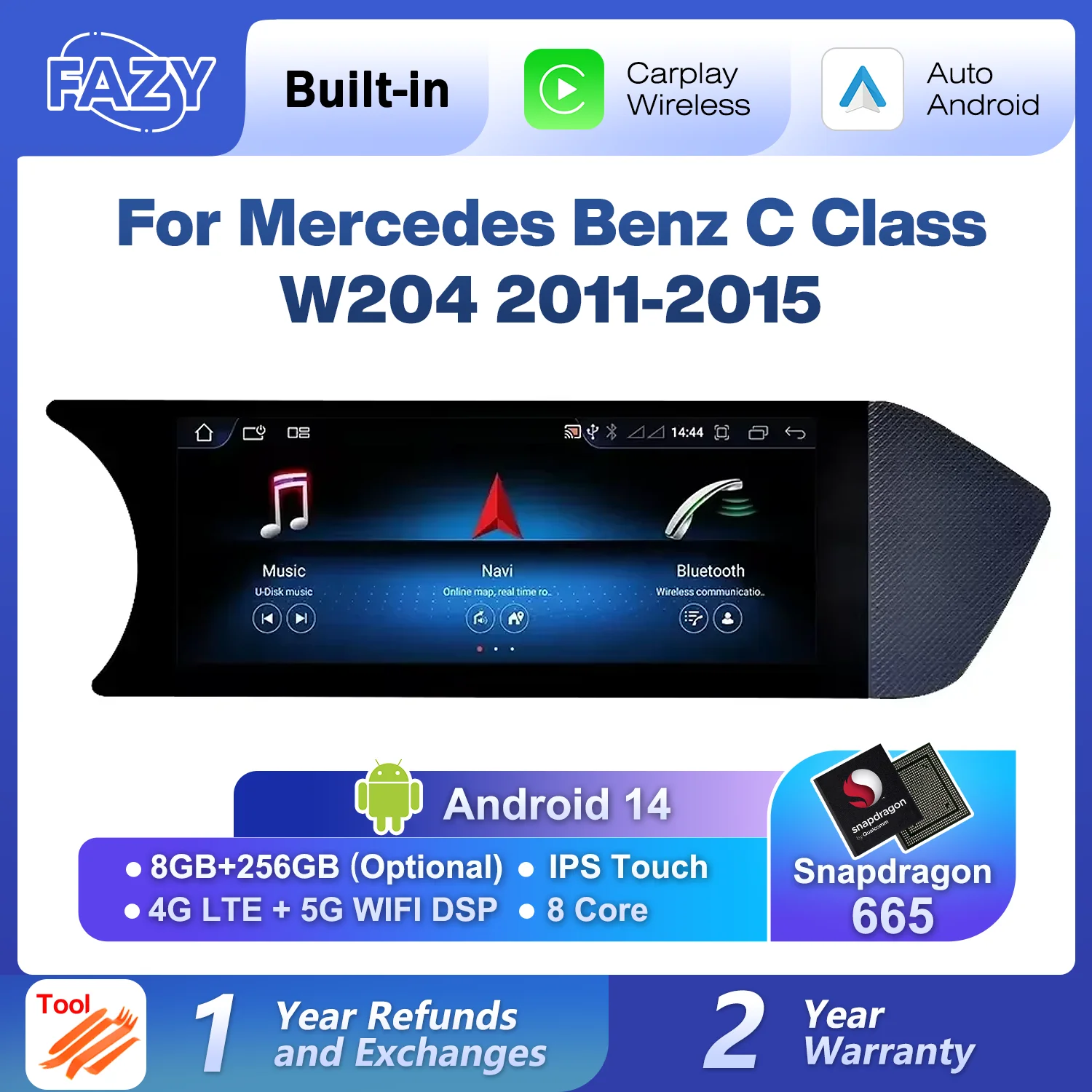 Android 14 Auto Radio Carplay Touch Screen For Mercedes C Class W204 2011-2015 Car Stereo Player WIFI SIM Stereo GPS Navigation